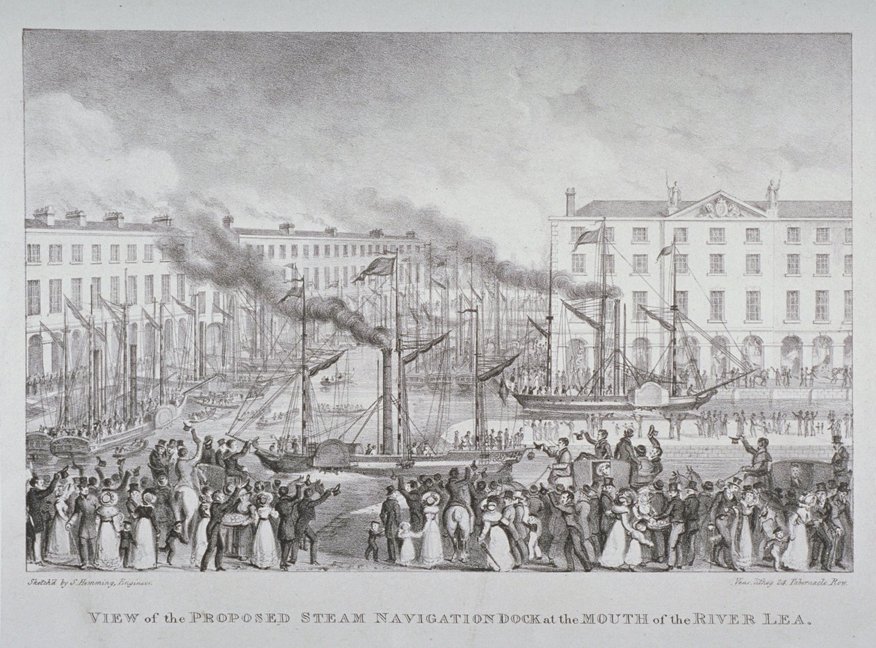 Ansicht des vorgeschlagenen Dampfnavigationsdocks an der Mündung des Flusses Lea von S. Hemming