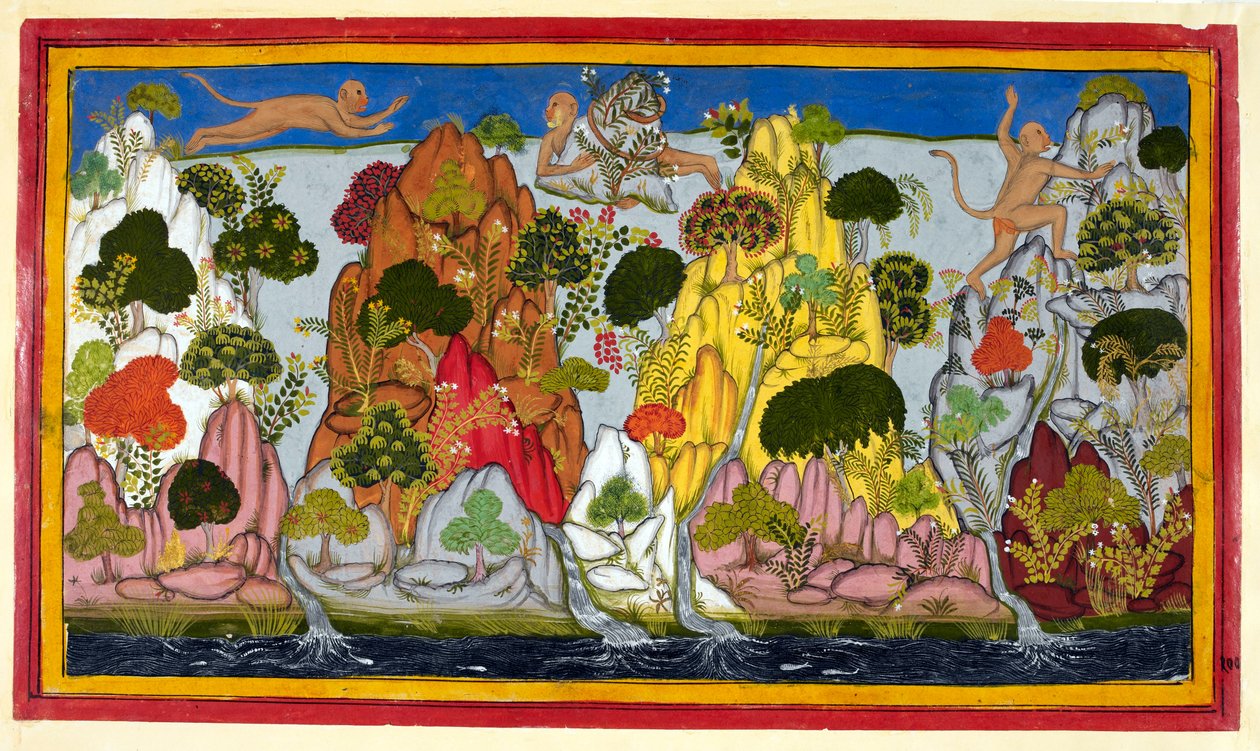 Hanuman fliegt zu den Himalayas auf der Suche nach heiligen Kräutern von Sahibdin