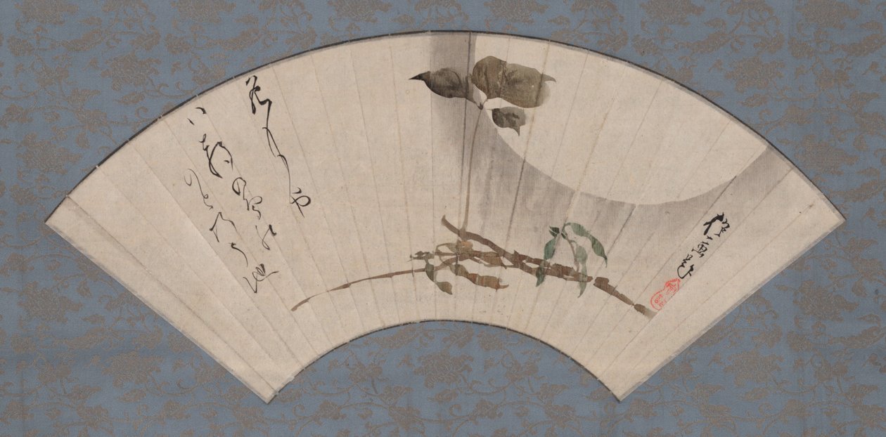 Erntemond und Rabenbohne mit Haiku von Sakai Hoitsu