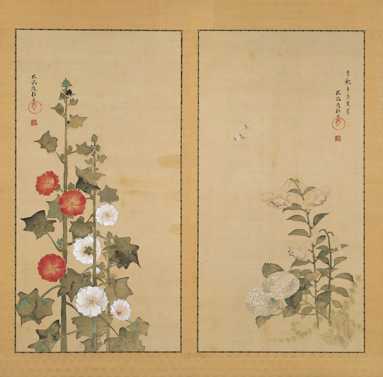 Lilien mit Hortensien und Stockrosen von Sakai Hoitsu
