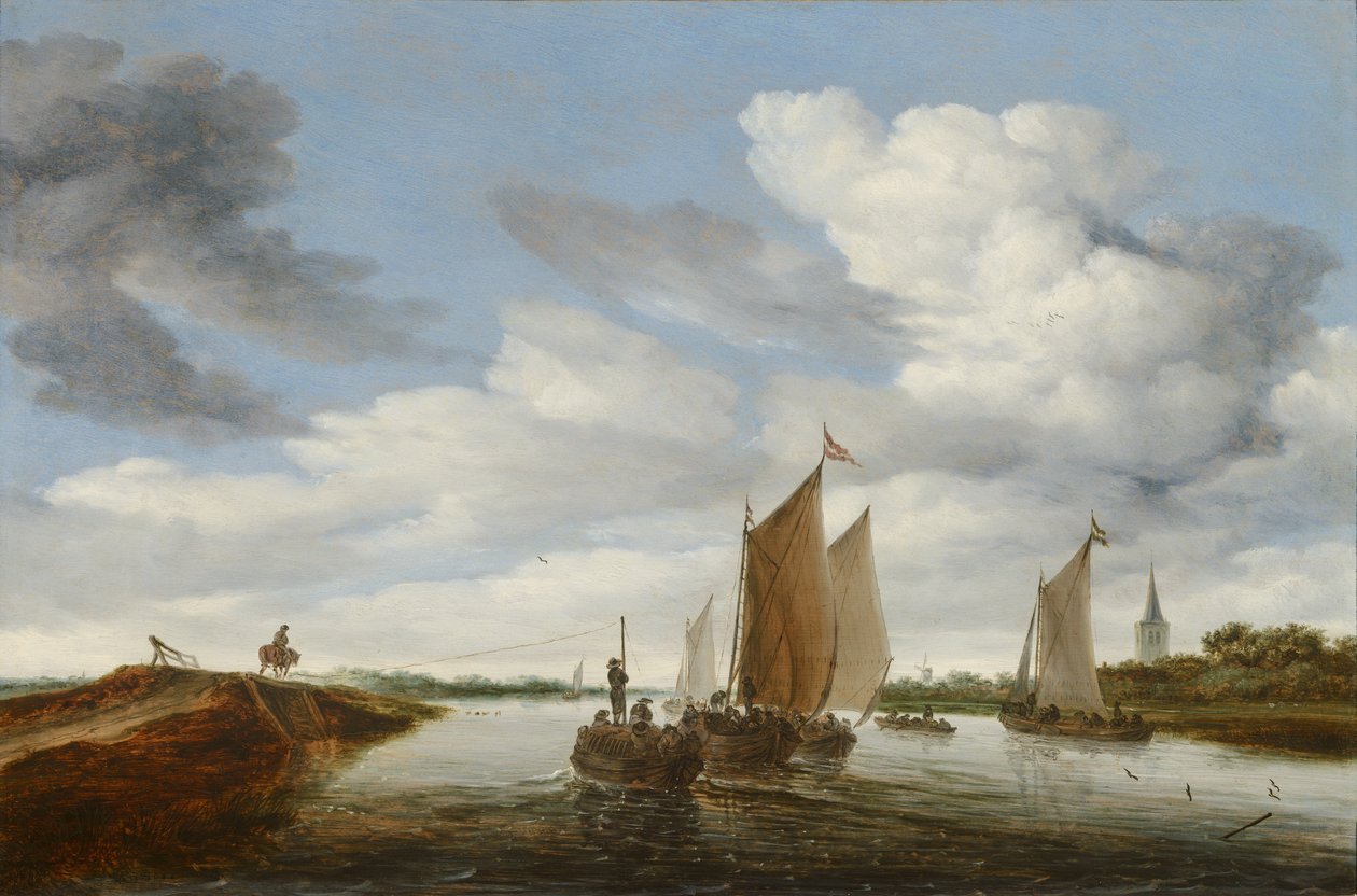 Flusslandschaft mit Segelbooten und einer Pferdebarge von Salomon van Ruisdael or Ruysdael