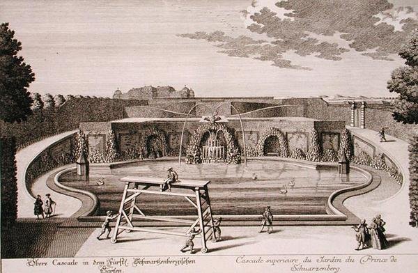 Großer Brunnen im Garten des Prinzen von Schwarzenberg, Wien, graviert von Georg-Daniel Heumann (1691-1759), veröffentlicht um 1724-37 von Salomon (after) Kleiner