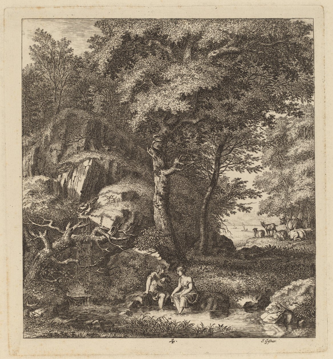 Ein Schäfer und eine junge Frau mit ihren Füßen in einem Bach, 1764 von Salomon Gessner