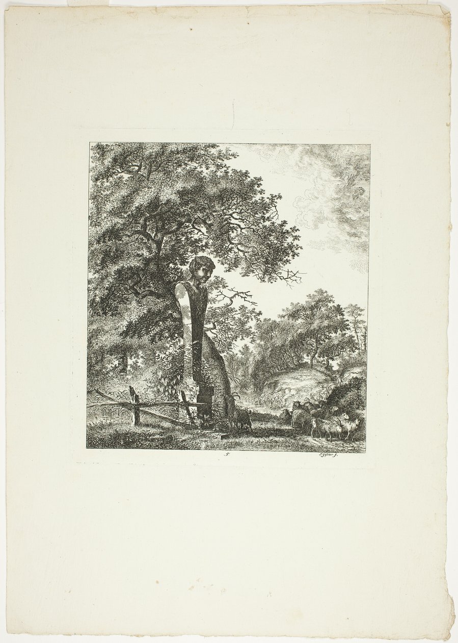 Schafe bei einer Statue von Pan, Platte fünf aus Paysages Dédiés à M. Warelet von Salomon Gessner