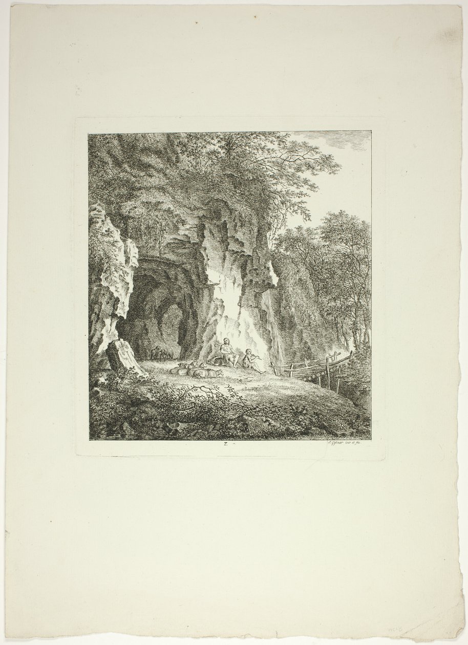 Hirten und Schafe ruhen unter einer Brücke, Tafel sieben aus Paysages Dédiés à M. Warelet von Salomon Gessner