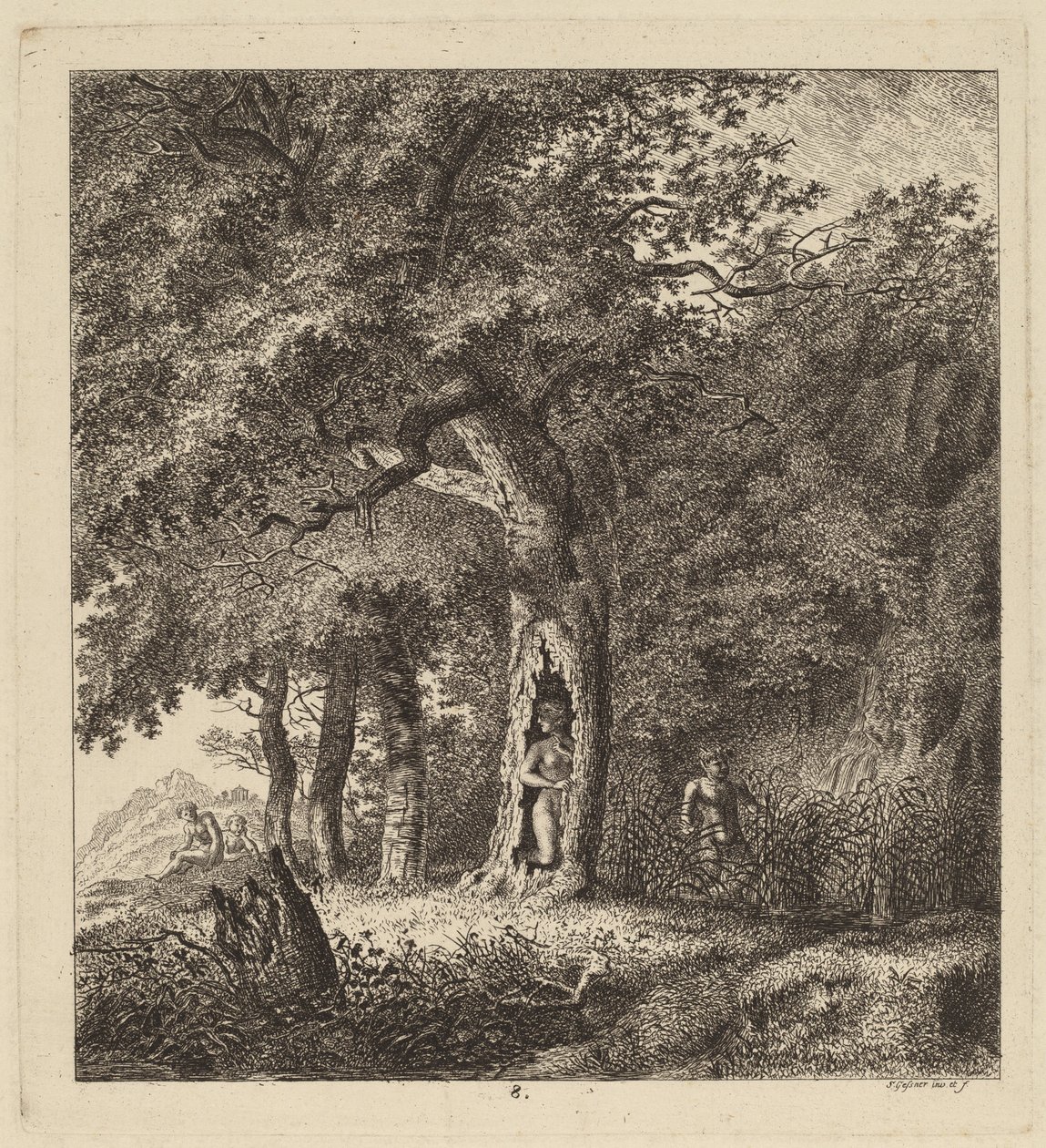 Bewaldete Landschaft mit einer Nymphe und einem Satyr, 1764 von Salomon Gessner
