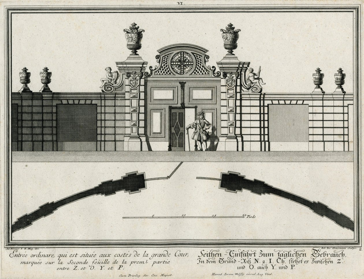 Grund- und Aufriss eines Seitentors zum Ehrenhof von Salomon Kleiner