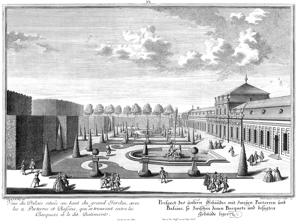 Prospekt des unteren Schlosses mit dem anschließenden Gartenparterre von Salomon Kleiner