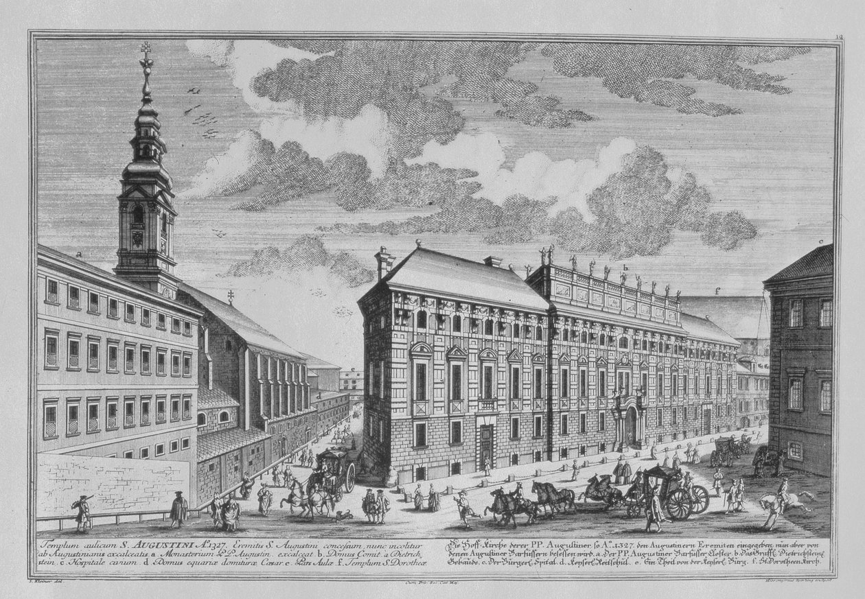 Ansicht der Dorotheergasse mit der Stallburg und der Klosterkirche des Dorotheums, graviert von Hieronymus Sperling (1695-1777) von Salomon Kleiner