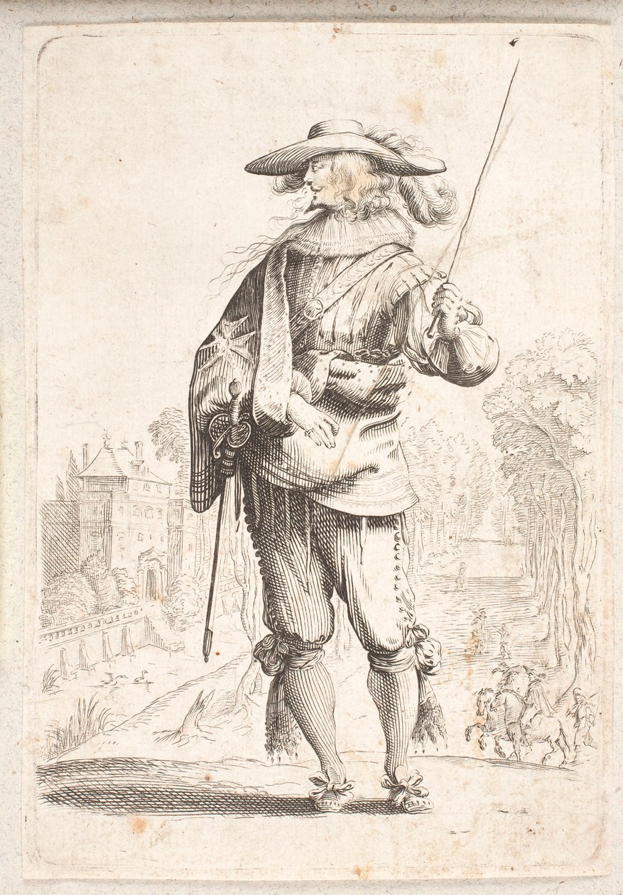 Stehender Soldat von vorne gesehen, aber mit Kopf im linken Profil. Hält einen Stab in der linken Hand von Salomon Savery