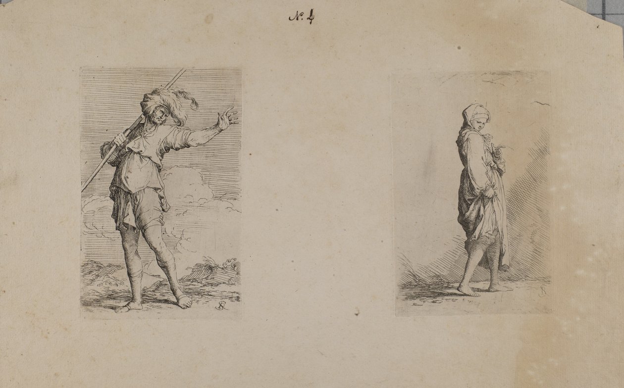 (Figurinenserie) Stehender Mann mit gefiedertem Kopfschmuck von Salvator Rosa
