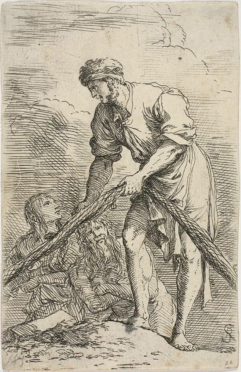 Ein Mann zieht ein Netz, mit zwei Figuren hinter ihm, aus der Figurinen-Serie von Salvator Rosa