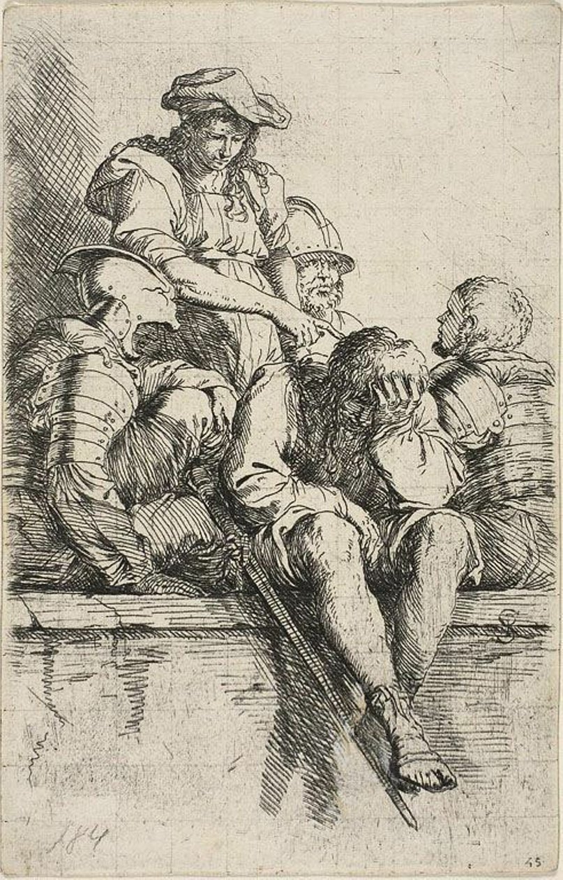 Vier Krieger und ein stehender Jüngling, der auf einen von ihnen zeigt, aus der Figurinen-Serie von Salvator Rosa