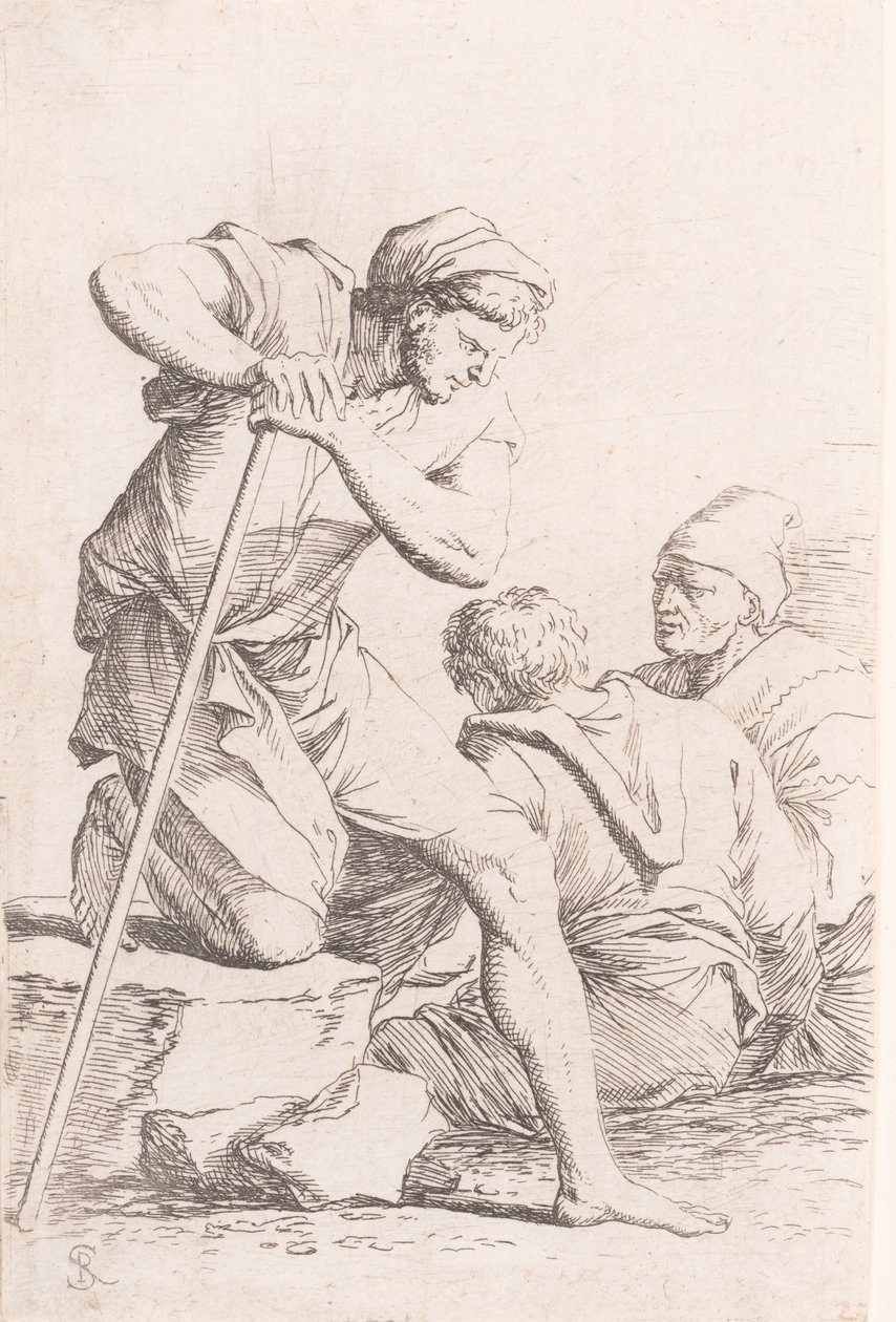 Zwei Männer sitzen und ein anderer Mann hält einen Stab und kniet auf einem Felsen, aus der Serie..., ca. 1656-1657 von Salvator Rosa