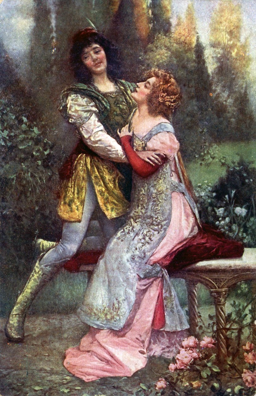 Literatur. Francesca da Rimini und Paolo Malatesta. Illustration inspiriert von S. Postiglione in: Die Göttliche Komödie, von Dante Alighieri, Tschechische Republik, ca. 1910 (Postkarte) von Salvatore Postiglione