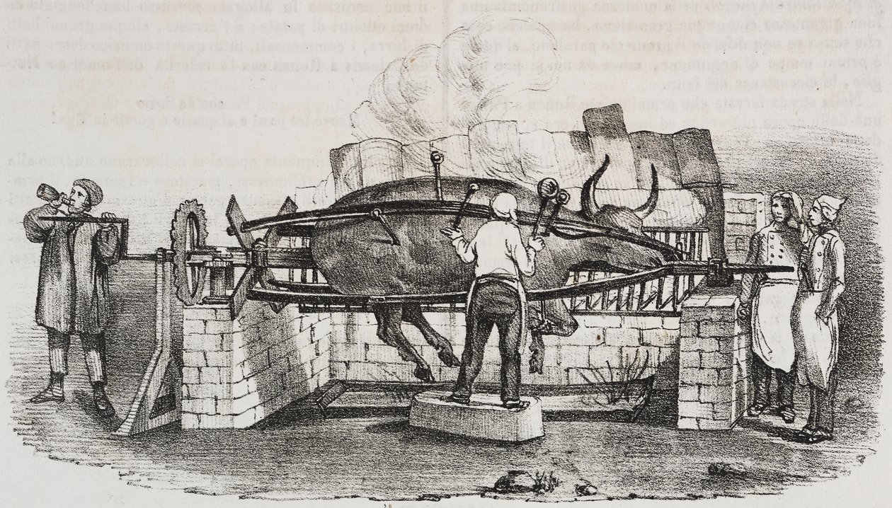 Kolossaler Braten, Lithographie von Salvatore Puglia aus Poliorama Pittoresco, Nr. 4, 2. September von Salvatore Puglia