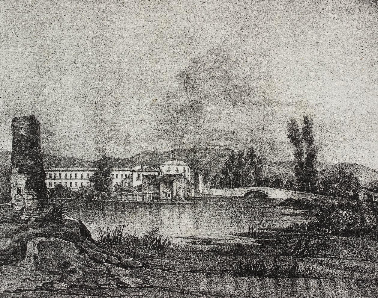 Ansicht der Santa Restituta Fabrik und Kirche am Ufer des Fibreno-Flusses in Cornello, Latium, Italien, Lithographie von Salvatore Puglia nach einer Zeichnung von Raffaele Carelli von Salvatore Puglia