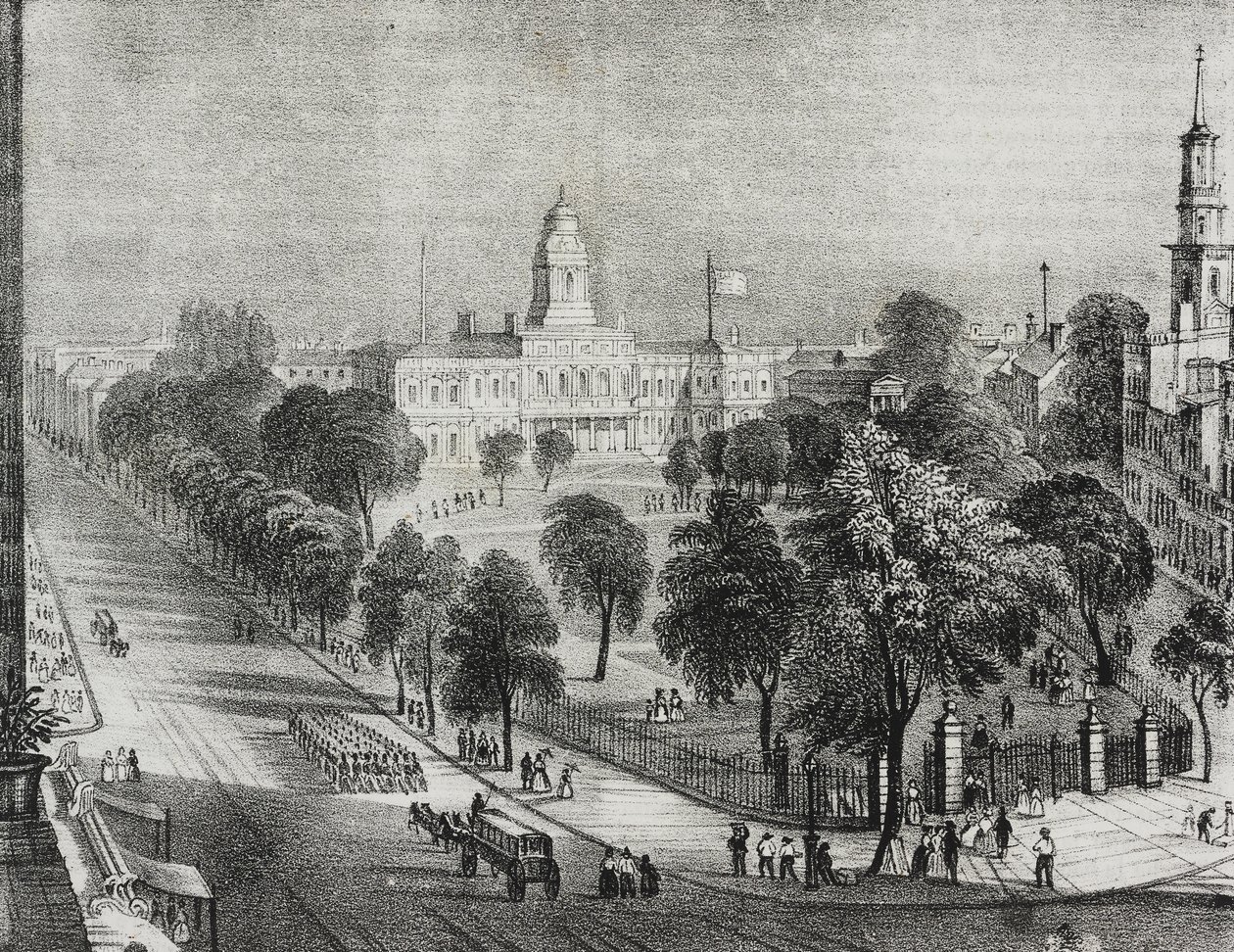 Ansicht des Parks und des Rathauses von New York, Vereinigte Staaten von Amerika, Lithographie von Salvatore Puglia aus Poliorama Pittoresco, Nr. 24, 22. Januar von Salvatore Puglia