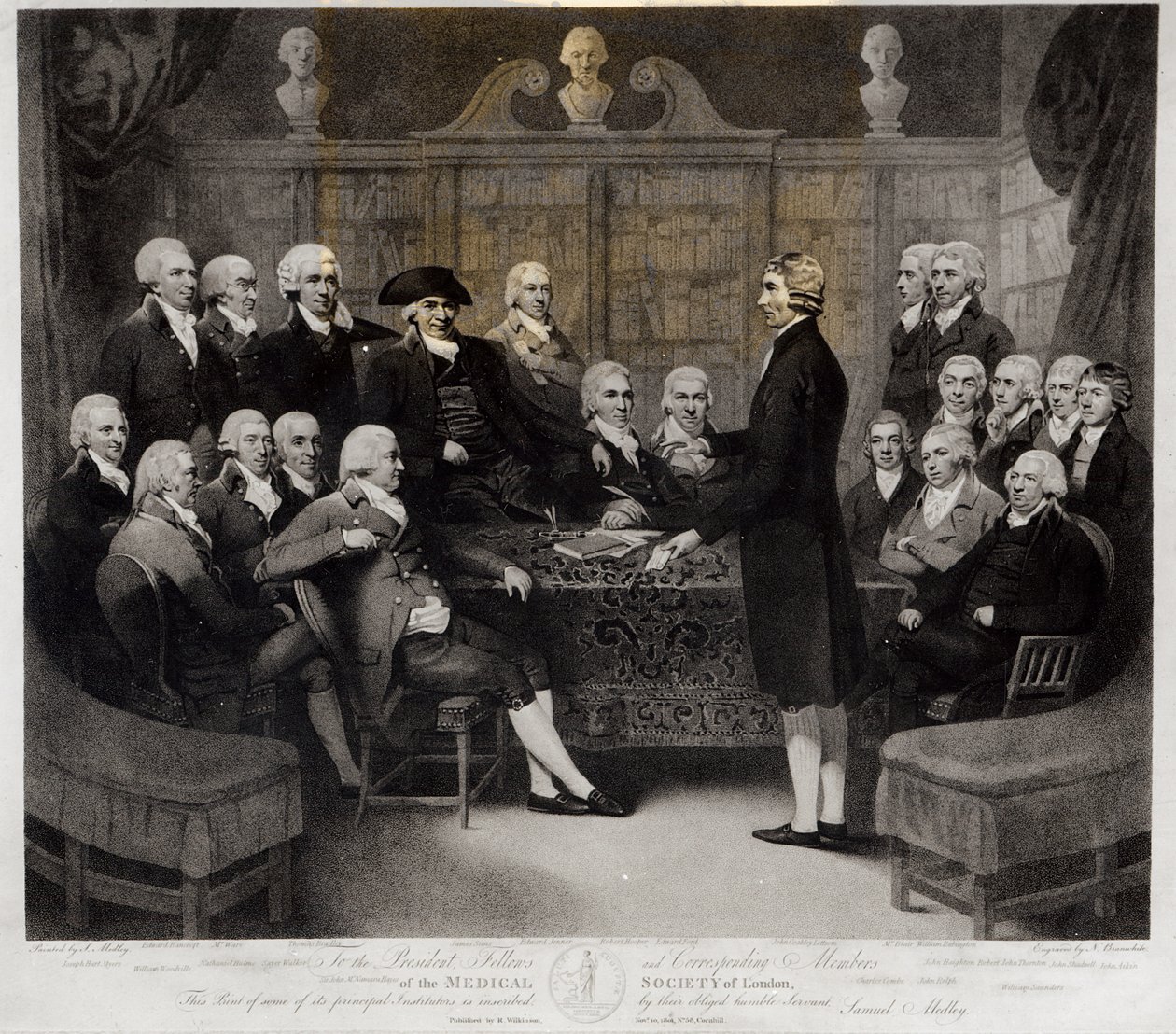 Gruppenporträt des Präsidenten, der Fellows und der korrespondierenden Mitglieder der Medical Society of London, graviert von Nathan Cooper Branwhite (1775-1857), veröffentlicht von R. Wilkinson, 1801 von Samuel Medley