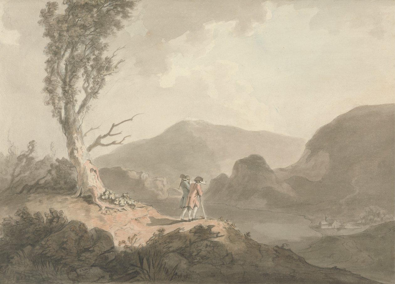 Zwei Männer mit Teleskop, die über einen Fluss schauen von Samuel Davis
