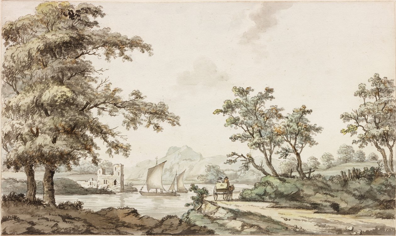 Ein Fluss mit Segelbooten und einem Pferd und Wagen von Samuel Henry Alken