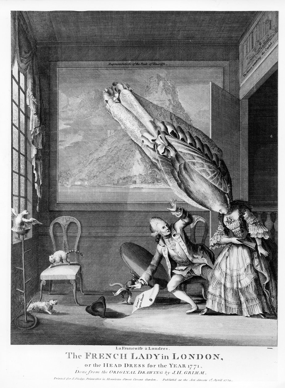Die Französin in London oder Die Kopfbedeckung des Jahres 1771, gedruckt für S. Sledge, 1771 von Samuel Hieronymous Grimm