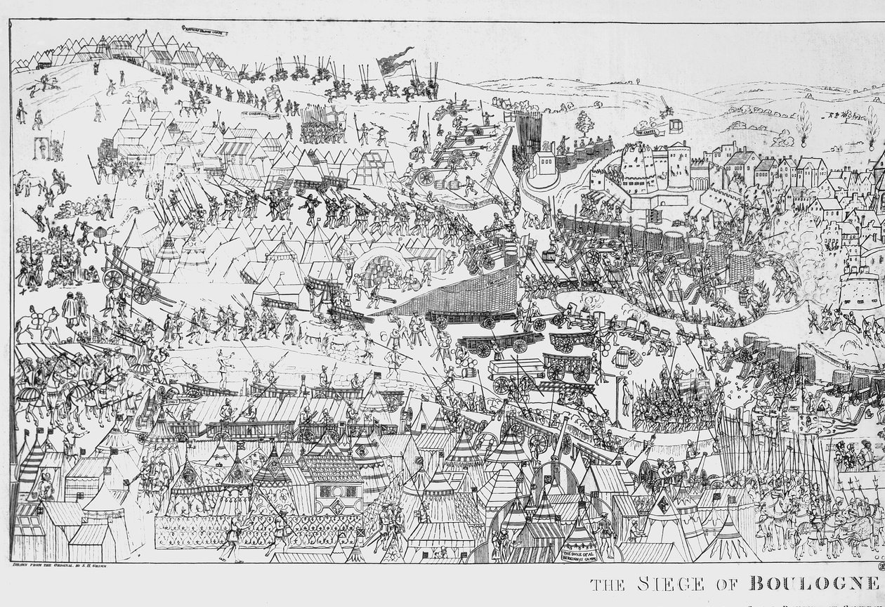 Die Belagerung von Boulogne durch König Heinrich VIII. (1491-1547) im Jahr 1544, graviert von James Basire, 1788 von Samuel Hieronymous Grimm