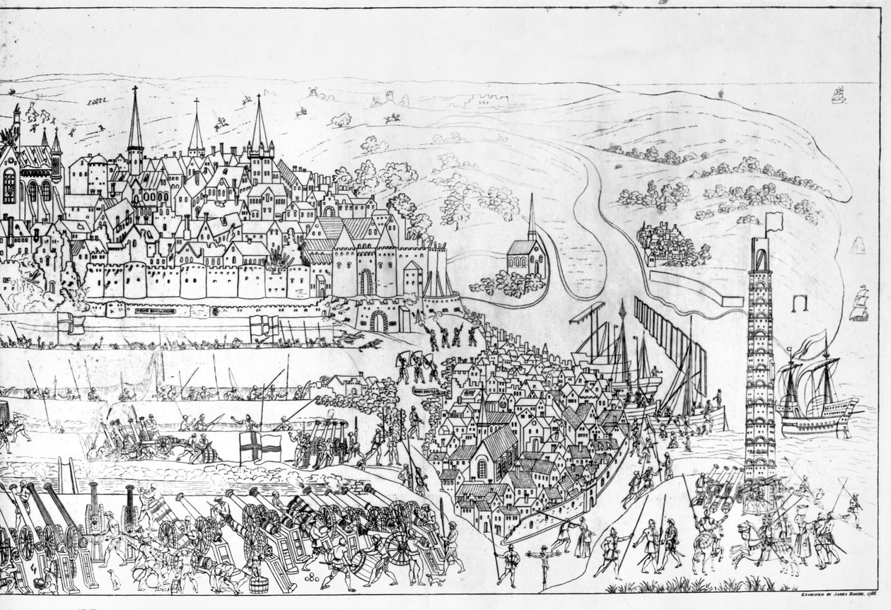 Die Belagerung von Boulogne durch König Heinrich VIII. (1491-1547) im Jahr 1544, graviert von James Basire, 1788 von Samuel Hieronymous Grimm