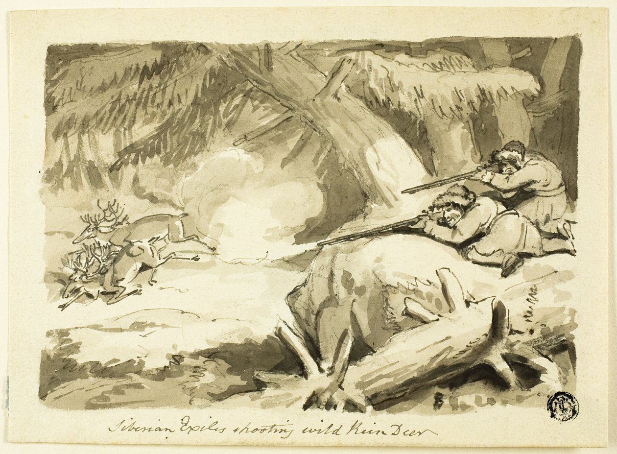 Sibirische Exilanten schießen auf wilde Rentiere (recto); Muschel (verso) von Samuel Howett