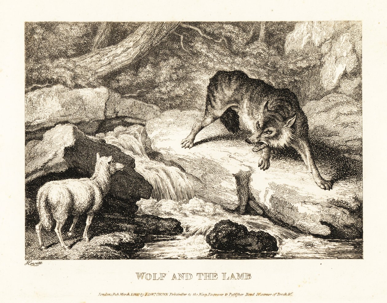 Ein Wolf versucht, das Töten eines Lamms in der Nähe eines Flusses zu rechtfertigen. 1811 von Samuel Howitt