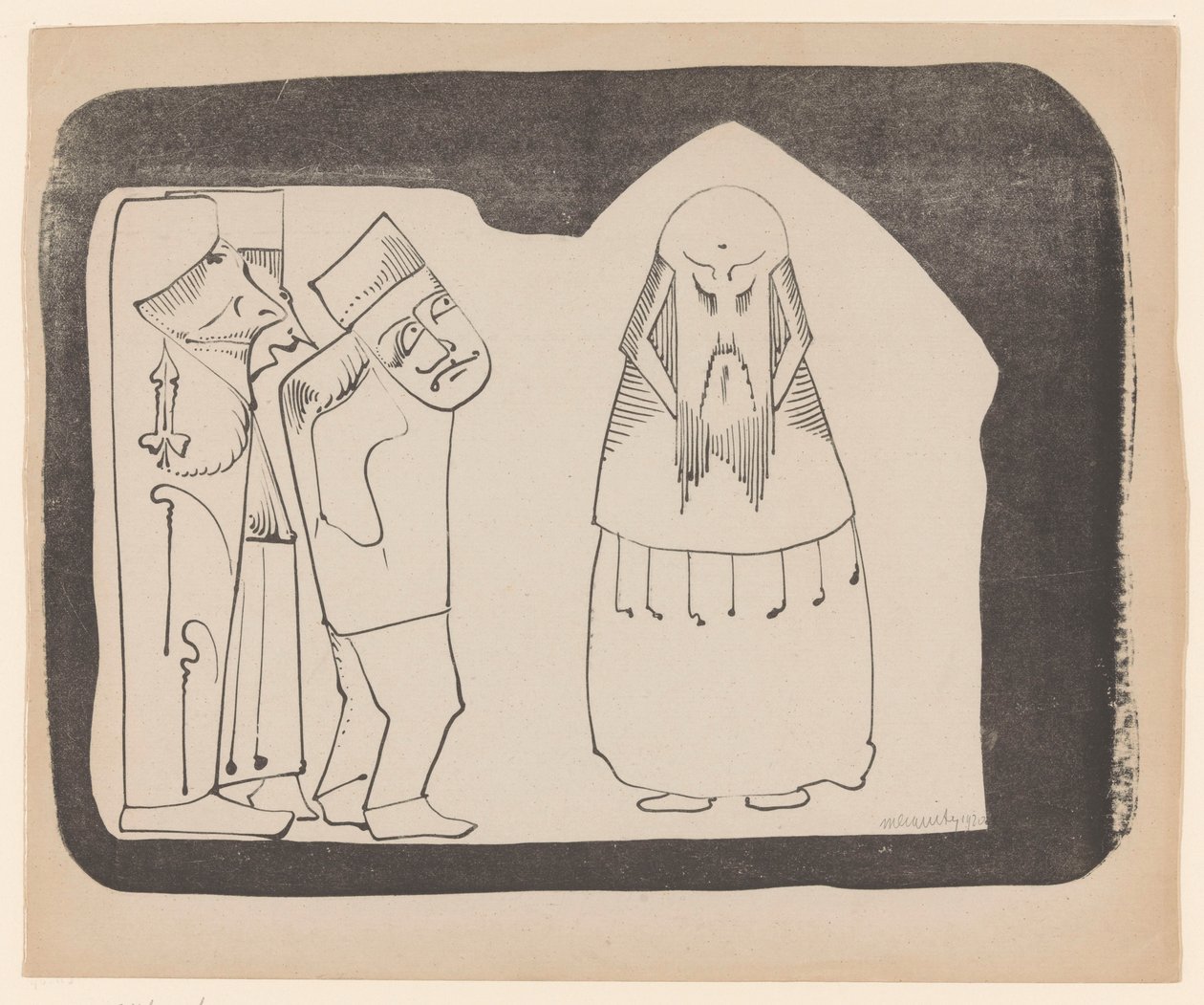 Fantasie: links drei Figuren nach rechts, rechts eine frontale chinesische Gestalt von Samuel Jessurun de Mesquita (signed by artist)