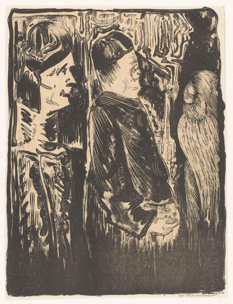 Fantasie: links zwei Figuren mit Mützen, rechts eine eingekratzte Erscheinung mit Federkleid von Samuel Jessurun de Mesquita (signed by artist)