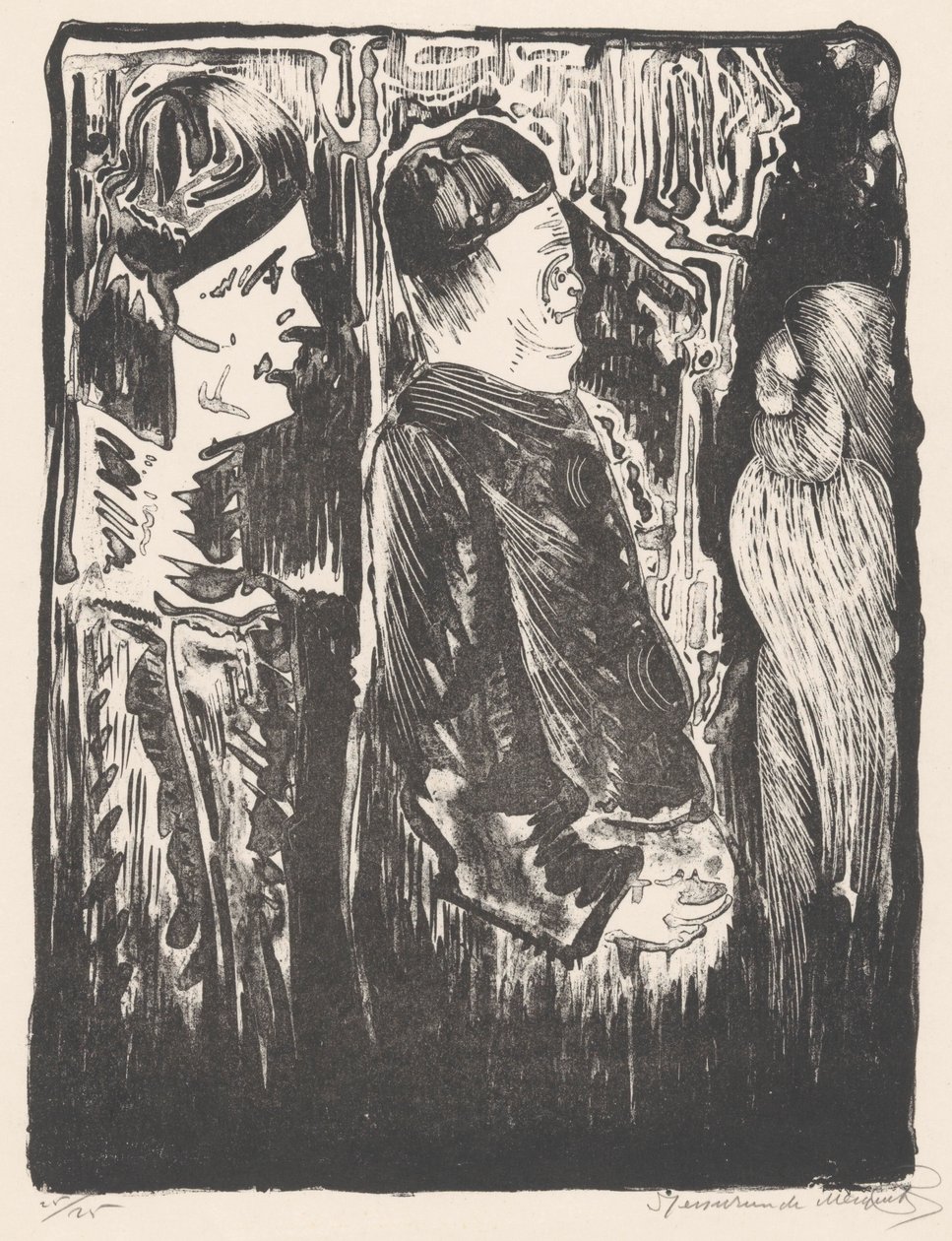 Fantasie: links zwei Figuren mit Mützen nach rechts, rechts eine eingekratzte Erscheinung mit Federkleid von Samuel Jessurun de Mesquita
