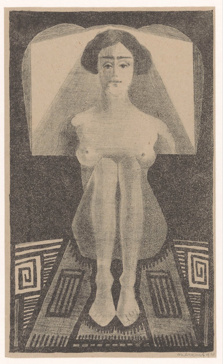 Frontalansicht, sitzender Akt in geometrischer Umgebung von Samuel Jessurun de Mesquita