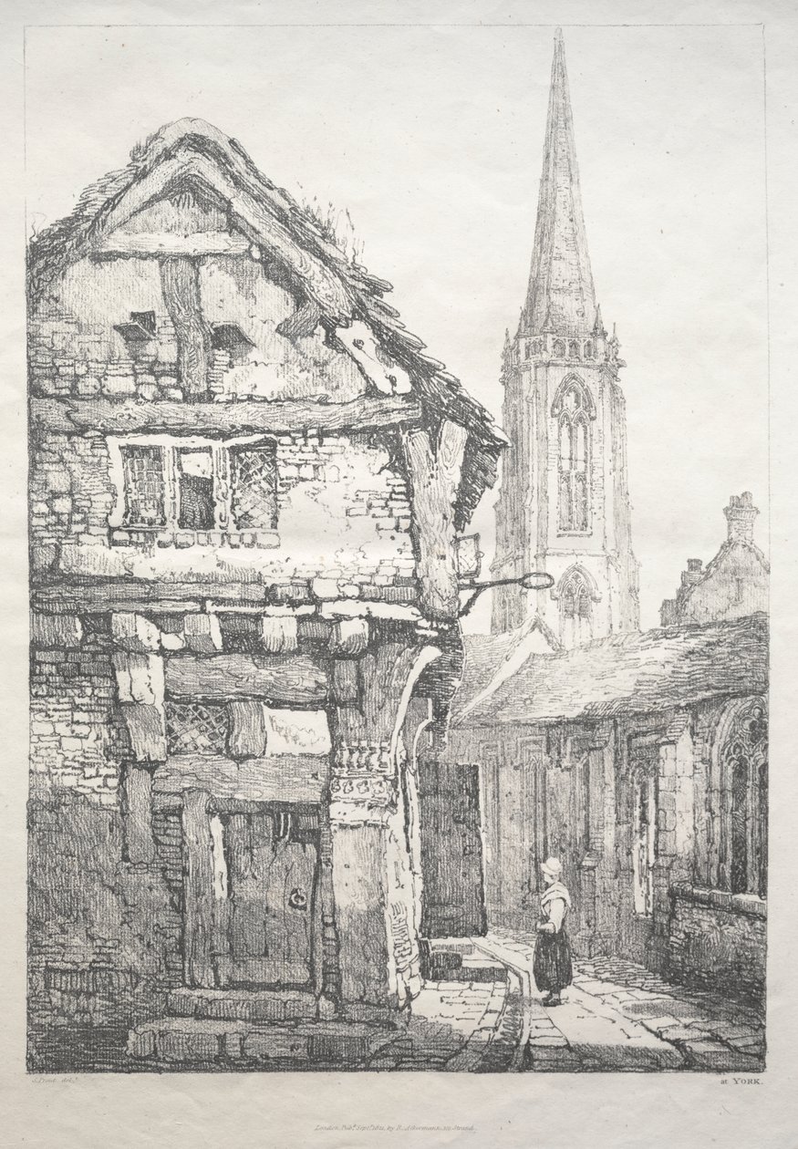 Eine Reihe alter Gebäude und ländlicher Hütten im Norden Englands: In York, Straße neben der Klostermauer von Samuel Prout
