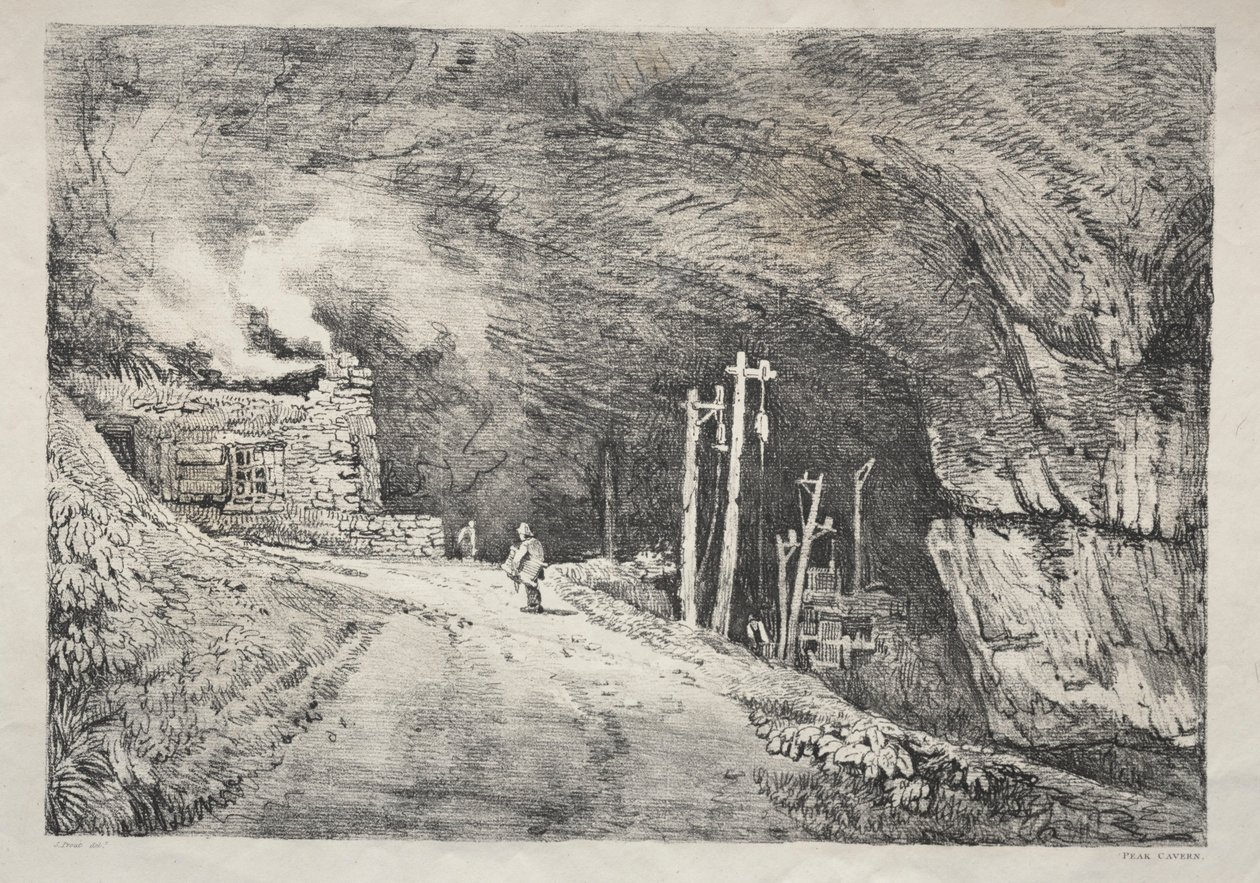 Eine Serie antiker Gebäude und ländlicher Cottages im Norden Englands: Peak Cavern, 1821 von Samuel Prout