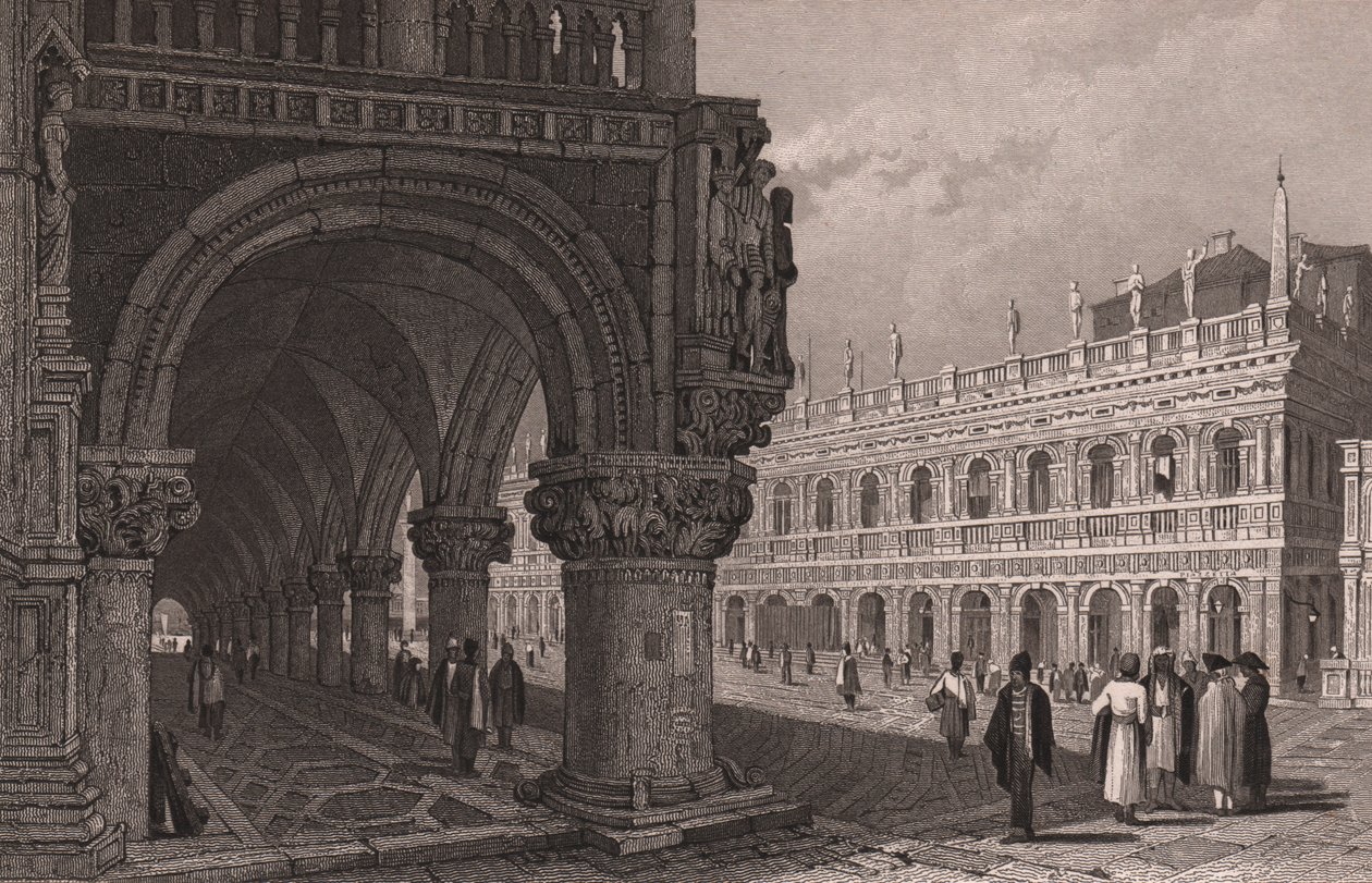 Verkürzung der Arkade des Dogenpalastes mit Blick auf den Markusplatz und den Bibliothekspalast, Venedig, Venetien, Italien, Stahlstich nach einer Zeichnung von Samuel Prout von Samuel Prout