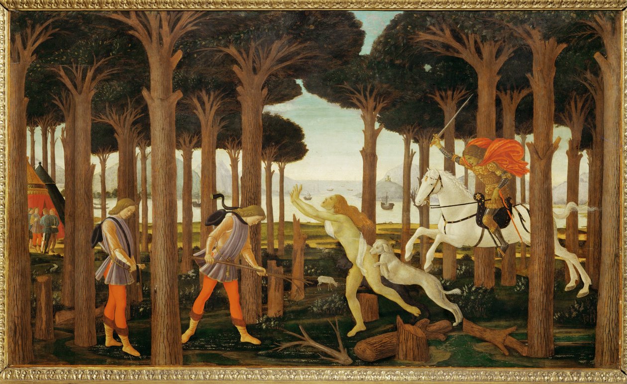 Die Geschichte von Nastagio degli Onesti, erstes von drei Panels: Nastagio geht traurig in einem Wald von Sandro (1444/5 1510) Botticelli