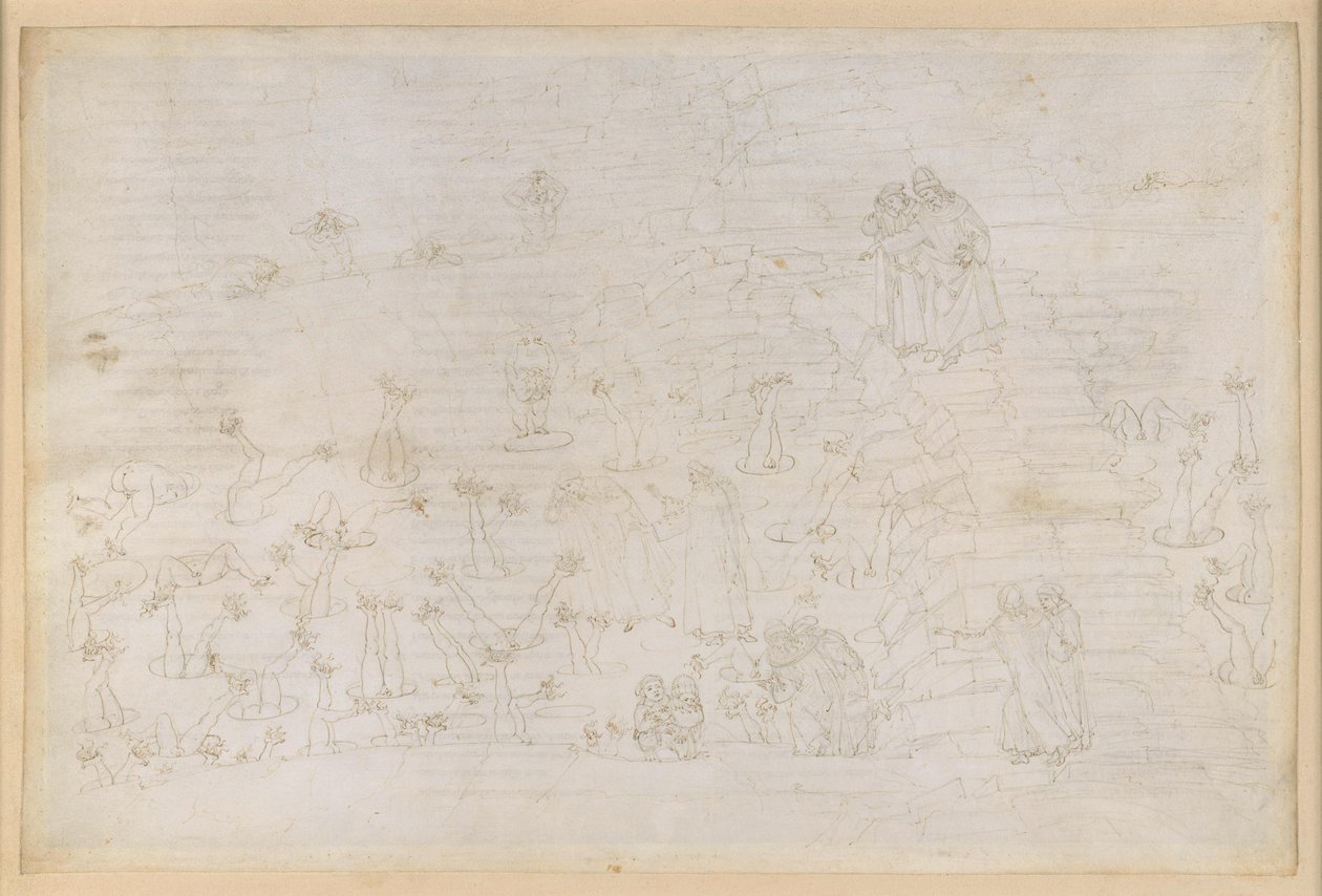 La Divina Commedia, Inferno XIX. Vergil und Dante im achten Kreis der Hölle (Malebolge), 3. Bolgia: Korrupte in kirchlichen Ämtern, Bestrafung der Simonisten von Sandro Botticelli