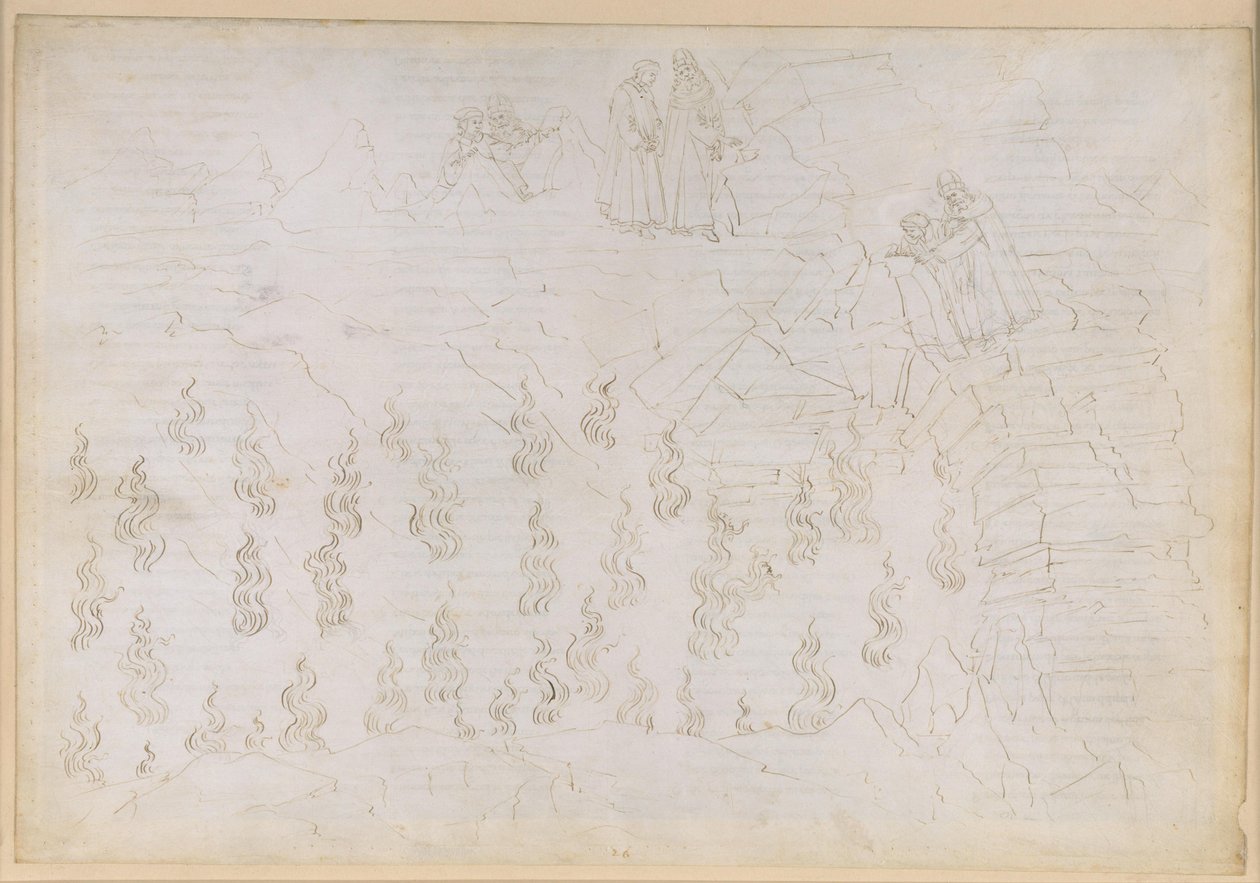 Die Göttliche Komödie, Inferno XXVI. Vergil und Dante im achten Kreis der Hölle (Malebolge), 8. Bolgia: Bestrafung der falschen Ratgeber; Gespräch mit Odysseus von Sandro Botticelli