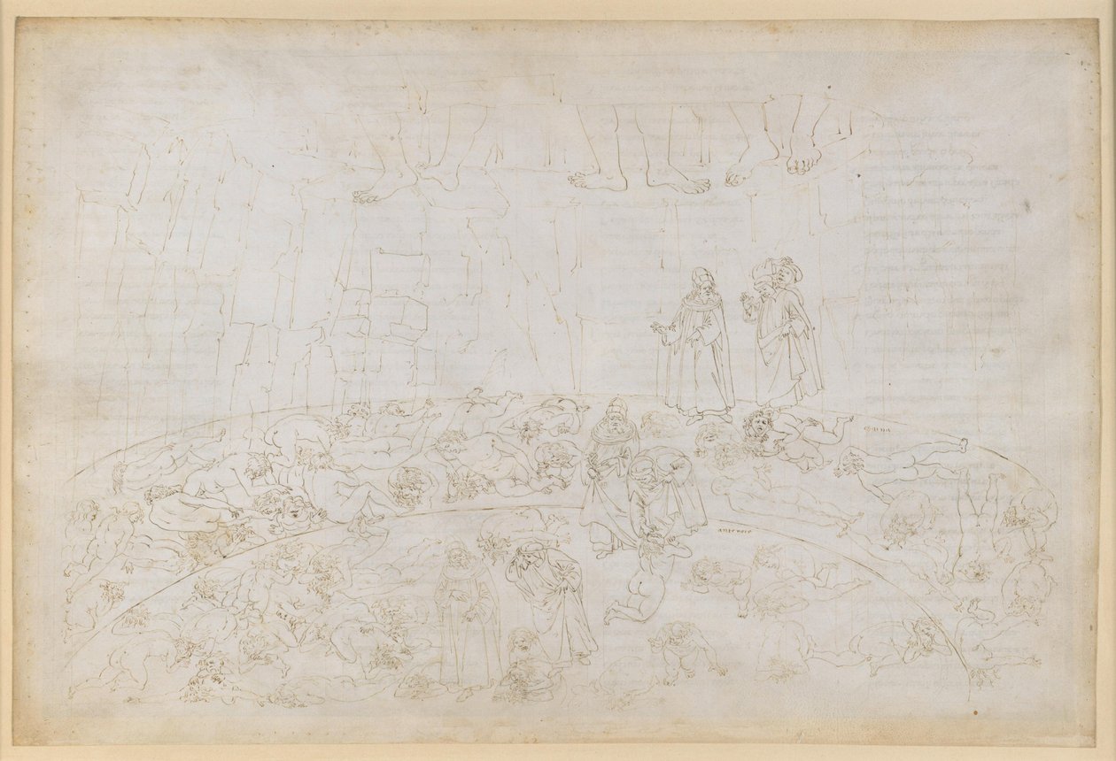 Die Göttliche Komödie, Inferno XXXII. Neunter Kreis (Cocytus), 1. und 2. Streifen: Bestrafung der Verwandten- und Vaterlandsverräter im Eis der Caina und Antenora von Sandro Botticelli