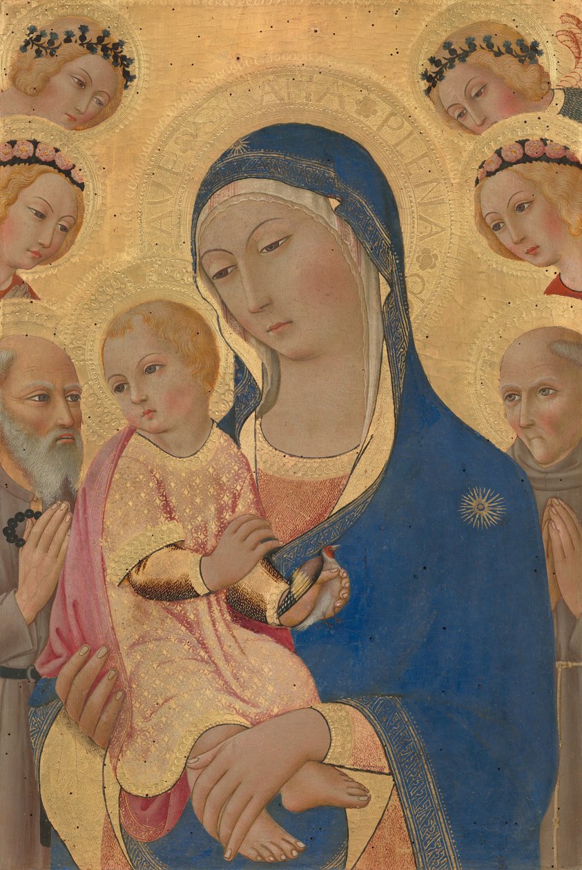 Madonna mit Kind, Heiliger Hieronymus, Heiliger Bernhardin und Engel von Sano di also Ansano di Pietro di Mencio Pietro