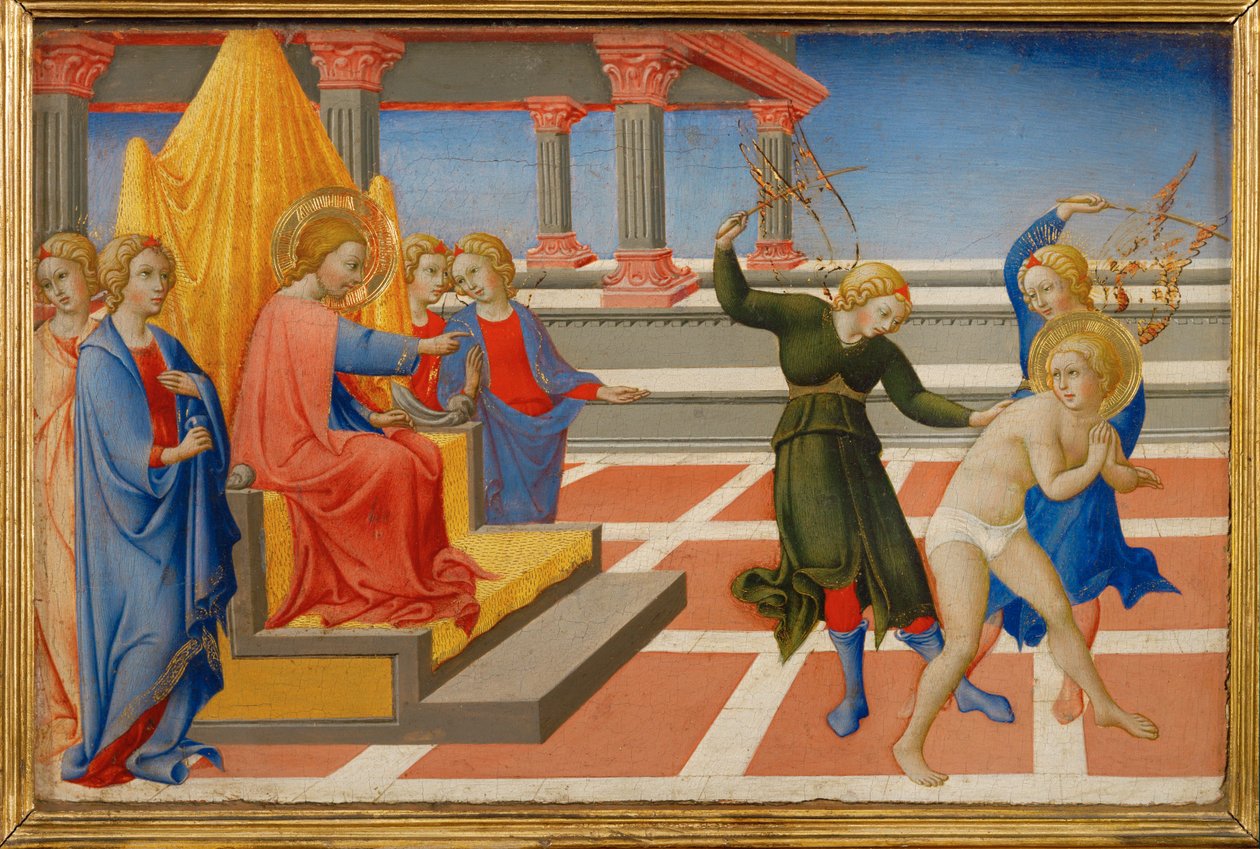 Der Heilige Hieronymus träumt, dass Christus seine Geißelung durch zwei Engel befiehlt von Sano di also Ansano di Pietro di Mencio Pietro