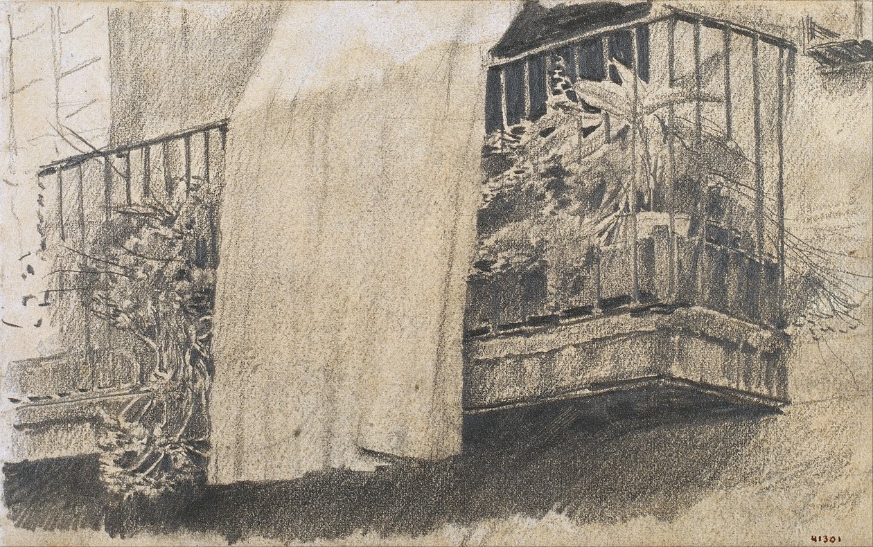 Balkon mit Blumen und Vorhang von Santiago Rusiñol