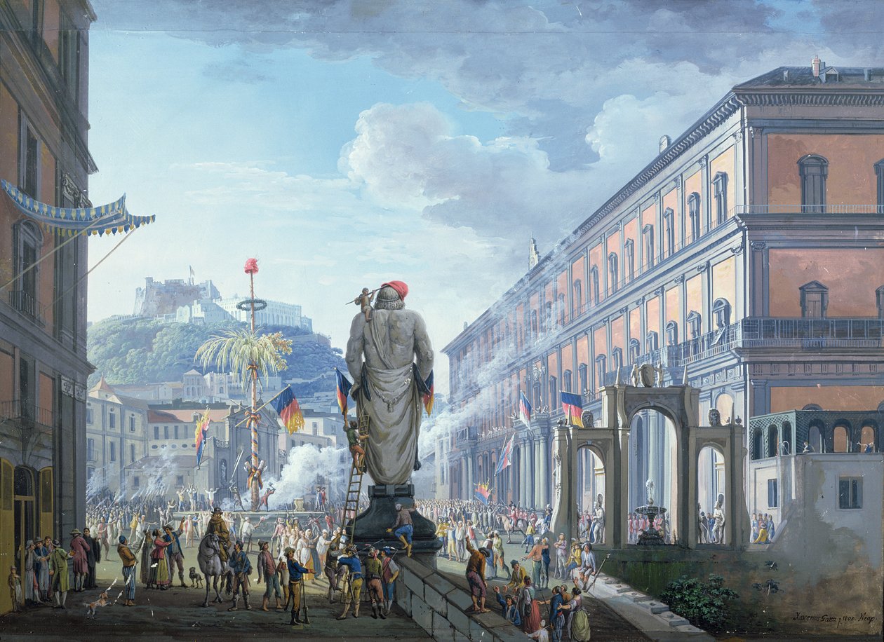Der Palazzo Reale, als der Freiheitsbaum gefällt wurde und die Truppen 1799 von den Engländern massenhaft dirigiert wurden, 1800 von Saviero Xavier della Gatta