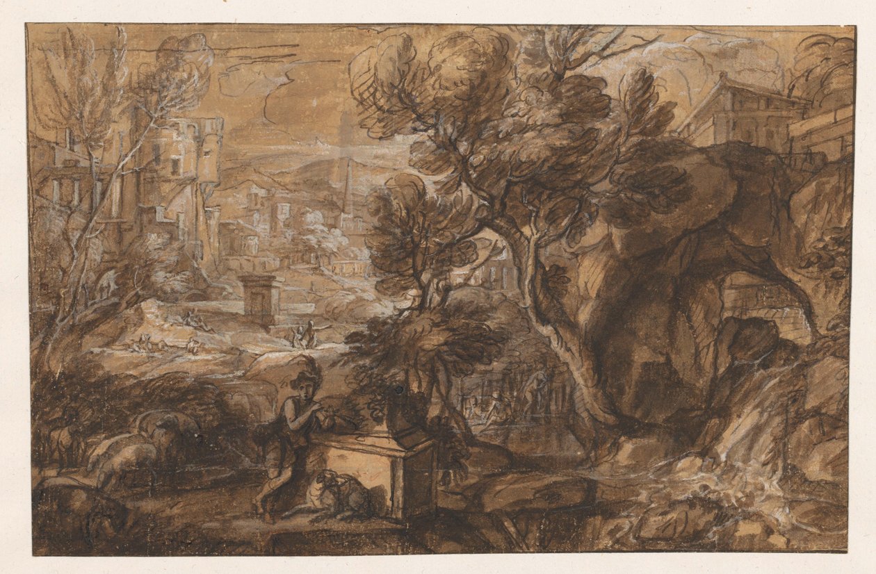 Landschaft mit Hirte bei antikem Sarkophag von Sébastien Bourdon (attributed to)