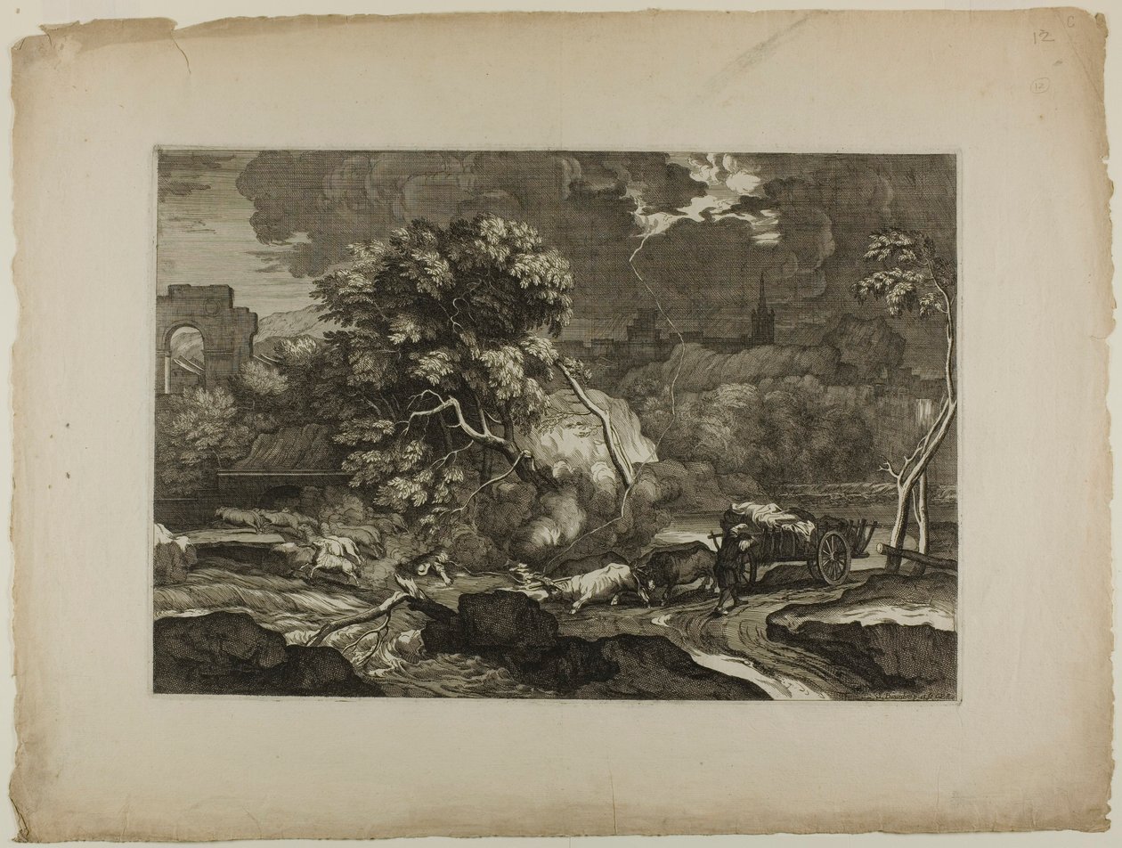 Karren, gezogen von zwei Paar Ochsen im Sturm von Sébastien Bourdon
