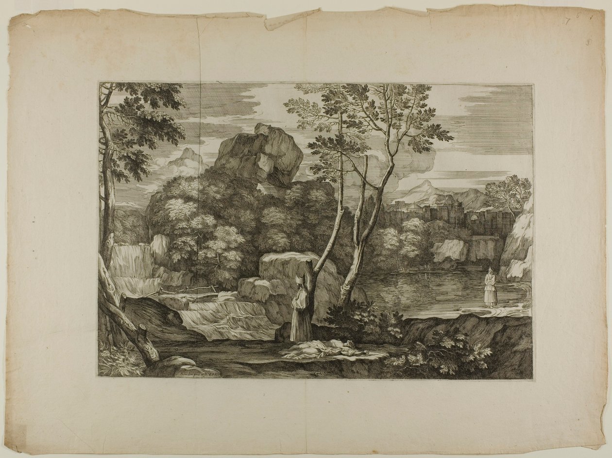 Landschaft mit einem toten Mann und zwei Priestern von Sébastien Bourdon