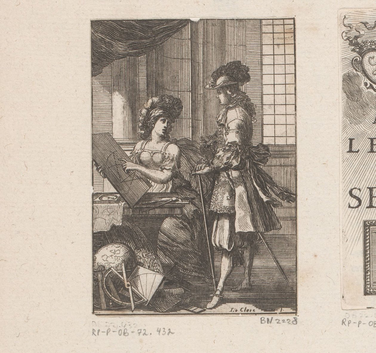 Geometrie und junger Mann mit geometrischer Zeichnung (Titelblatt für: Pratique de la géometrie, sur le papier et sur le terrain, 1669) von Sébastien Leclerc (I)