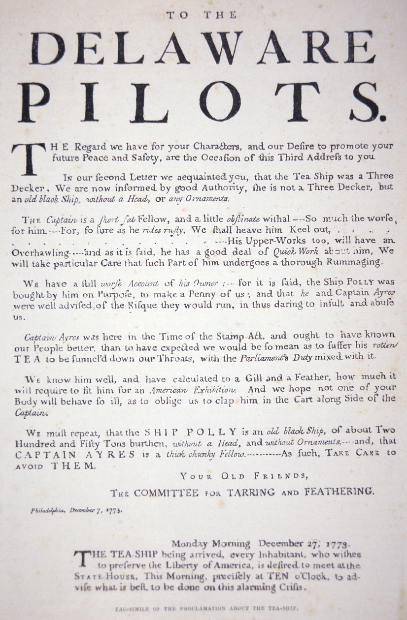 Faksimile der Proklamation der Patrioten von Philadelphia an die Delaware-Piloten, sie sollten nicht mit dem britischen Teeschiff handeln, 7. Dezember 1773 von School American